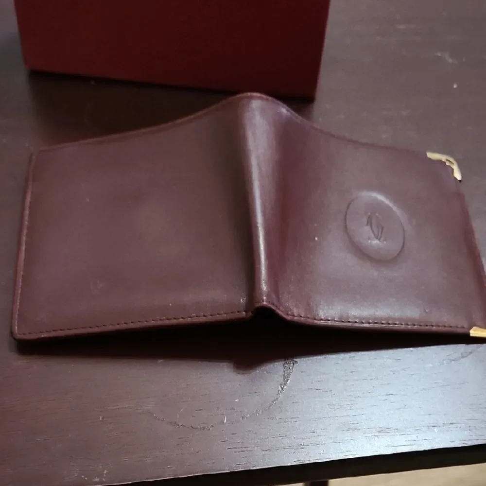 Cartier Dark Brown Leather Wallet with Gold Corners